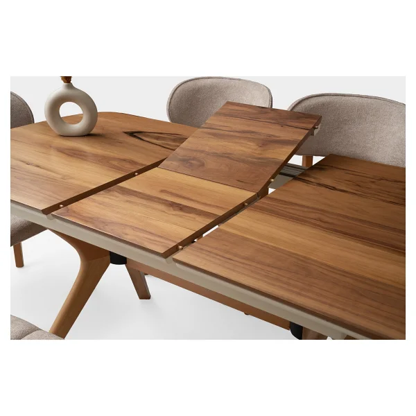 Viento Mobilya Çınar Açılır Ahşap Ayak 130X80 Masa 6 Kişilik Bukle Kumaş Ahşap Nergis Sandalye Bench Masa Takımı - Ahşap Desenli - 130 X 80 - Görsel 2