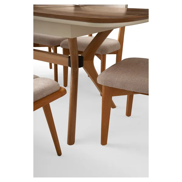 Viento Mobilya Çınar Açılır Ahşap Ayak 130X80 Masa 6 Kişilik Bukle Kumaş Ahşap Nergis Sandalye Bench Masa Takımı - Ahşap Desenli - 130 X 80 - Görsel 3