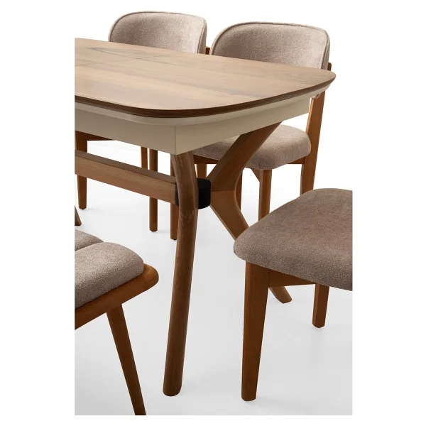 Viento Mobilya Çınar Açılır Ahşap Ayak 130X80 Masa 6 Kişilik Bukle Kumaş Ahşap Nergis Sandalye Bench Masa Takımı - Ahşap Desenli - 130 X 80 - Görsel 4