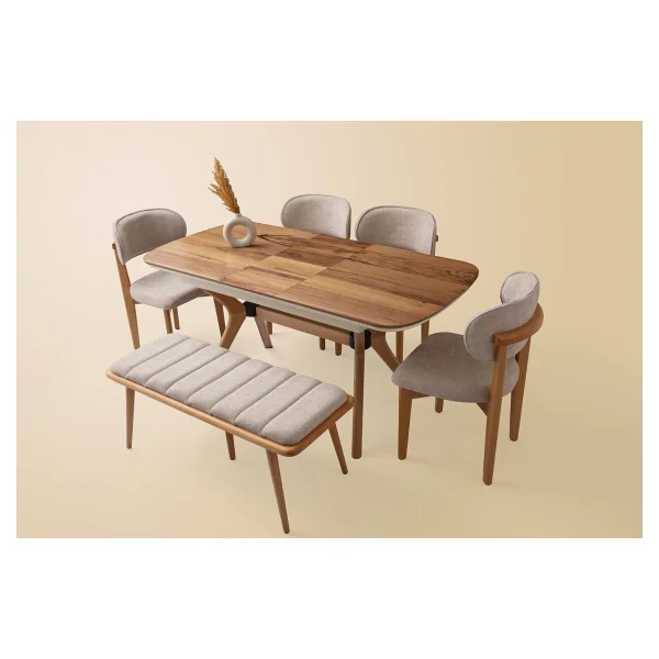 Viento Mobilya Çınar Açılır Ahşap Ayak 130X80 Masa 6 Kişilik Bukle Kumaş Ahşap Nergis Sandalye Bench Masa Takımı - Ahşap Desenli - 130 X 80 - Görsel 5