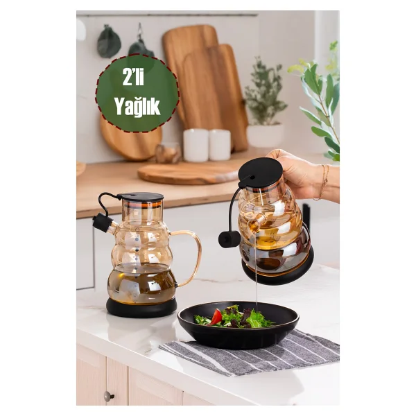 Porsima 3617- 1 Kapaklı Borosilikat Cam 2li Yağlık Sirkelik Seti Yağdanlık Takımı 1000ml Siyah Siyah - Görsel 2