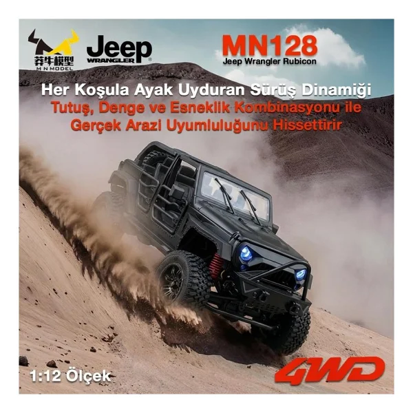 Mn Model MN128 1/12 Jeep Wrangler Rubicon 4WD Rc Model Crawler Offroad Truck Uzaktan Kumandalı Araba Rtr Siyah+Dahili Işık Seti MN-128 - Görsel 2