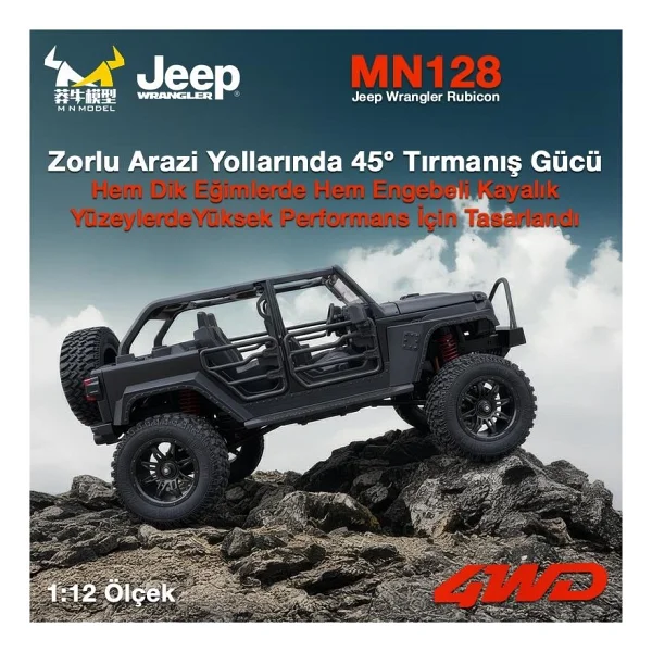 Mn Model MN128 1/12 Jeep Wrangler Rubicon 4WD Rc Model Crawler Offroad Truck Uzaktan Kumandalı Araba Rtr Siyah+Dahili Işık Seti MN-128 - Görsel 4
