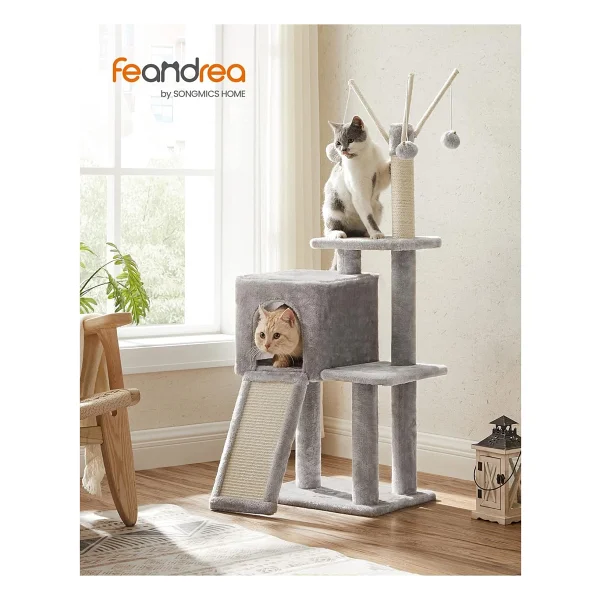 FEANDREA PCT143W01 kedi ağacı, tırmalama tahtalı, 3 çıkarılabilir ponpon çubuğu, 118 cm, açık gri - Görsel 2