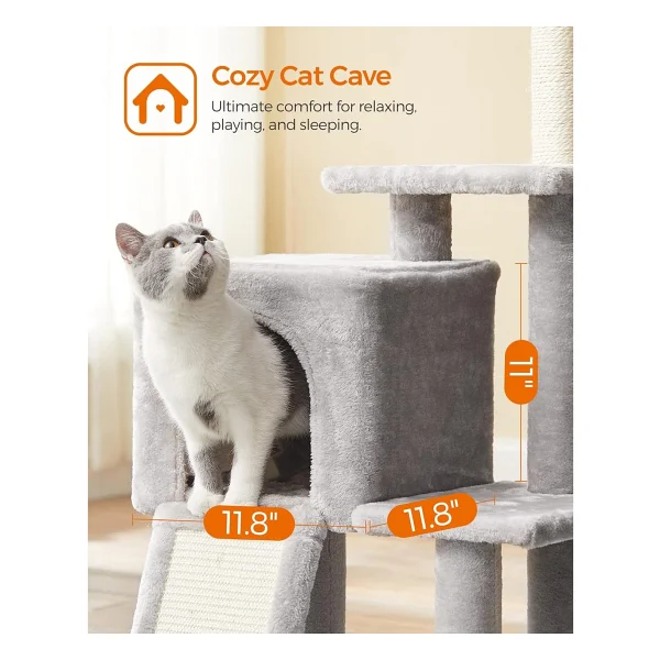 FEANDREA PCT143W01 kedi ağacı, tırmalama tahtalı, 3 çıkarılabilir ponpon çubuğu, 118 cm, açık gri - Görsel 3
