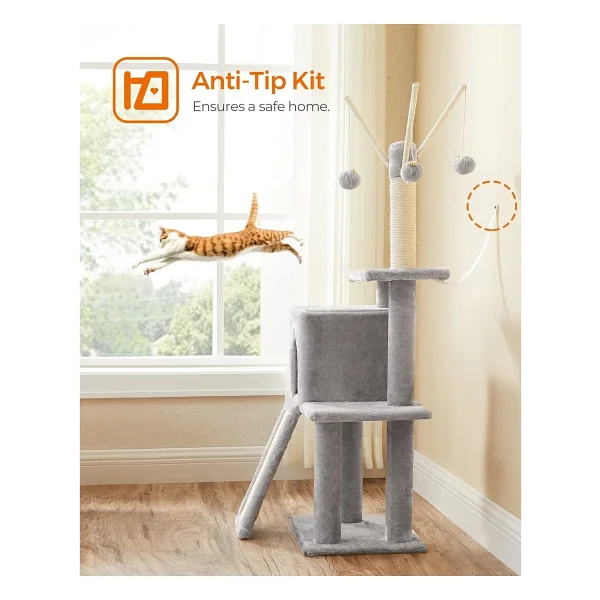 FEANDREA PCT143W01 kedi ağacı, tırmalama tahtalı, 3 çıkarılabilir ponpon çubuğu, 118 cm, açık gri - Görsel 8