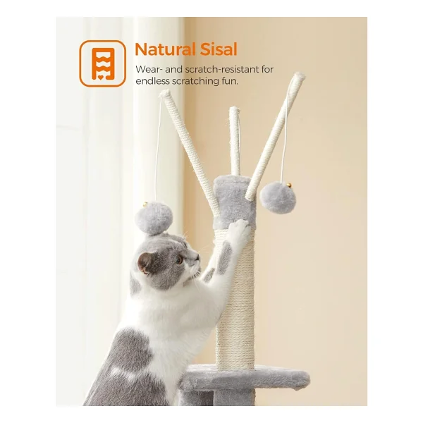 FEANDREA PCT143W01 kedi ağacı, tırmalama tahtalı, 3 çıkarılabilir ponpon çubuğu, 118 cm, açık gri - Görsel 9