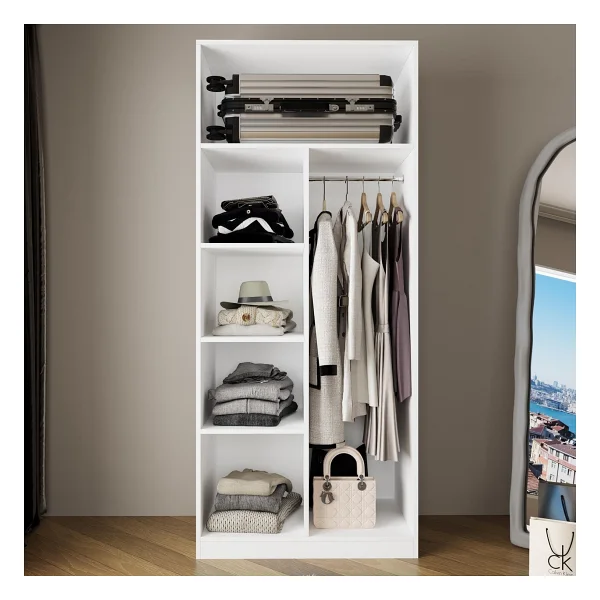 Bimossa KA3040 Goss 90CM Kapaksız Boy Askılı Gardırop,raflı Giyinme Dolabı,beyaz Modern Kıyafet Dolabı - Görsel 5