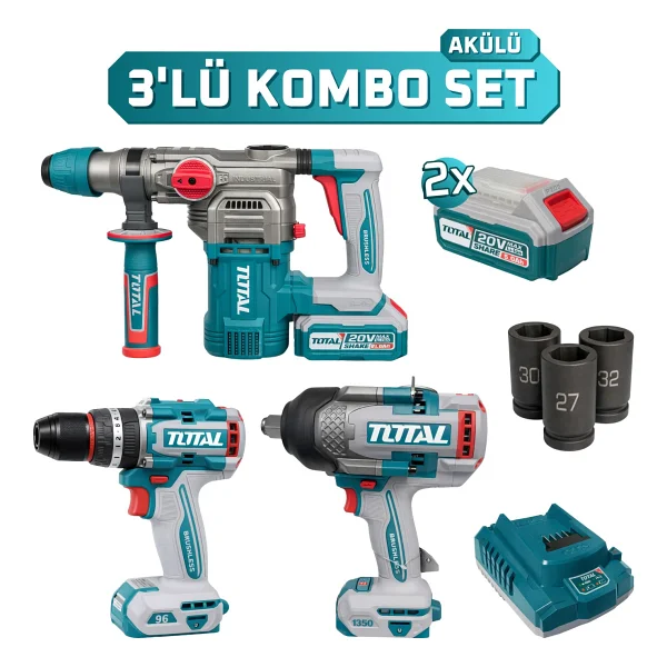 Total 3'lü Kombo Set Kırıcı Delici Darbeli Matkap Somun Sökme Seti Kablosuz Kullanım 20v Tosli250281e - Görsel 3