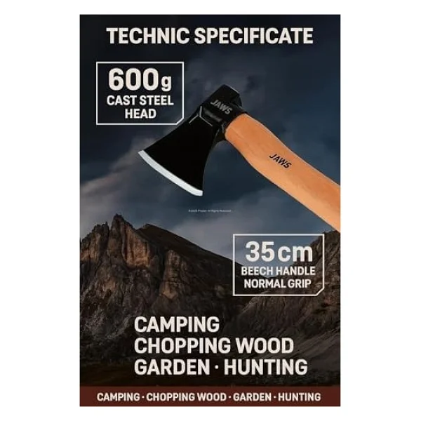 Kamp Baltası, 600 Gram, Dökme Çelik Baş, 35 cm Kayın Sap, Isıl Işlemli, Elektrostatik Toz Boyalı, Normal Tutuş, Odun Kesme, Kamp, Bahçe, Av Kullanımı - standart - Görsel 2