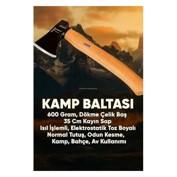 Kamp Baltası, 600 Gram, Dökme Çelik Baş, 35 cm Kayın Sap, Isıl Işlemli, Elektrostatik Toz Boyalı, Normal Tutuş, Odun Kesme, Kamp, Bahçe, Av Kullanımı - standart - Görsel 3