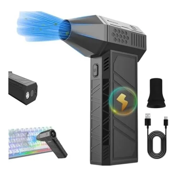 Turbo Jet Fan 120.000 Rpm Şarjlı Ek Başlıklı 3 Kademeli Fenerli Basınçlı Hava Püskürtme Temizleyici - Taşınabilir Toz Üfleme, Pc Klavye Kasa, Araba Temizliği,mangal Fanı,şişirme ve Vakumlama - standar - Görsel 2