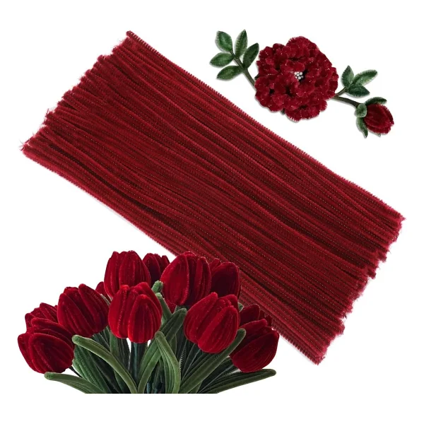 Hobialem 50 Adet Bordo Şönil, Çiçek Yapımına Uygun Bordo Renk Tüylü Tel, 30 cm 6mm - Görsel 6