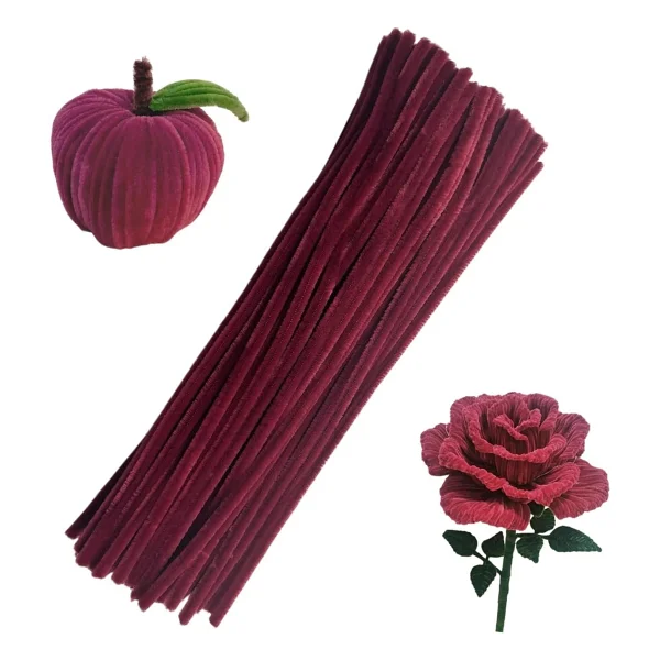 Hobialem 50 Adet Bordo Şönil, Çiçek Yapımına Uygun Bordo Renk Tüylü Tel, 30 cm 6mm - Görsel 3