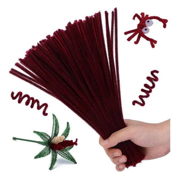 Hobialem 50 Adet Bordo Şönil, Çiçek Yapımına Uygun Bordo Renk Tüylü Tel, 30 cm 6mm - Görsel 5