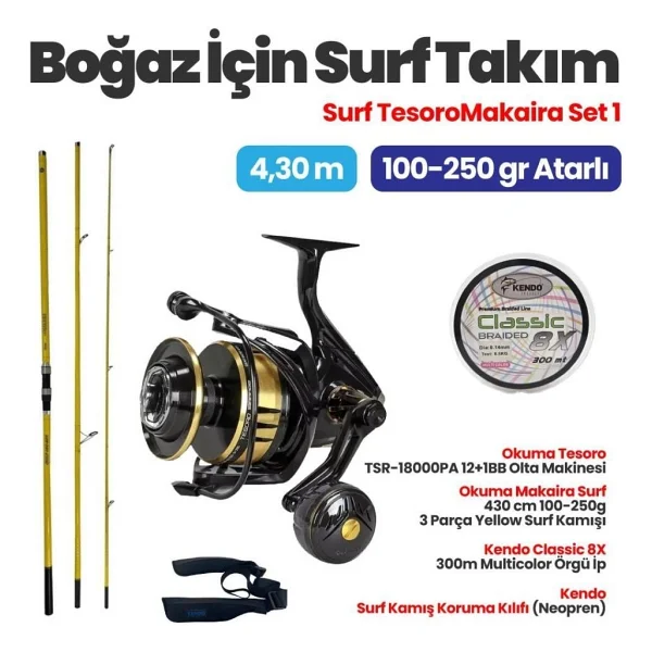 Okuma Tesoro TSR-18000PA Olta Makinesi - Okuma Makaira Surf 4,30 cm 100-250 Surf Kamışı Boğaz Set - Görsel 2