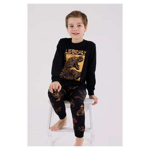Rolypoly Erkek Çocuk Dinazorlu Uzun Kol Süprem Pijama Takım Siyah - Görsel 4