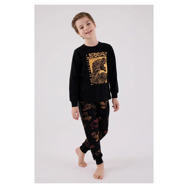 Rolypoly Erkek Çocuk Dinazorlu Uzun Kol Süprem Pijama Takım Siyah - Görsel 6