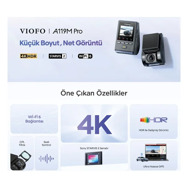 VIOFO A119M Pro 4K HDR Sony STARVIS 2 Sensörlü Wi-Fi 6 GPS'li Araç Kamerası - Görsel 2