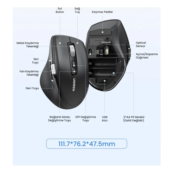 Ugreen 45792 Sessiz Ergonomik Optik Kablosuz Mouse - Görsel 8