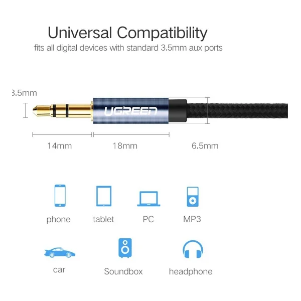 Ugreen 90 Derece L Tipi 3.5 Mm Aux Ses Kablosu, Mavi, 1 Metre, 60179 - Görsel 5
