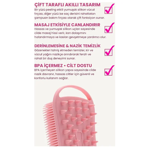 POP Beauty Çift Taraflı Silikon Vücut Ve Saç Bakım Fırçası, Saç Ve Vücut Derisine Masaj Yapan Şampuan Tarağı - Görsel 3