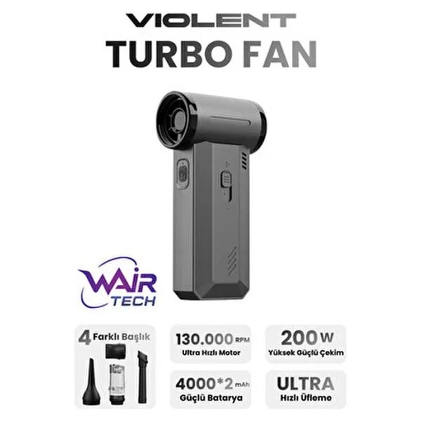 Wair Teknoloji fioplus Violent Turbo Jet Fan 130000RPM Ultra Güçlü Motor Güçlü Vakum 4000MAH Bataryalı Üflemeli F72 - Gri - Görsel 2