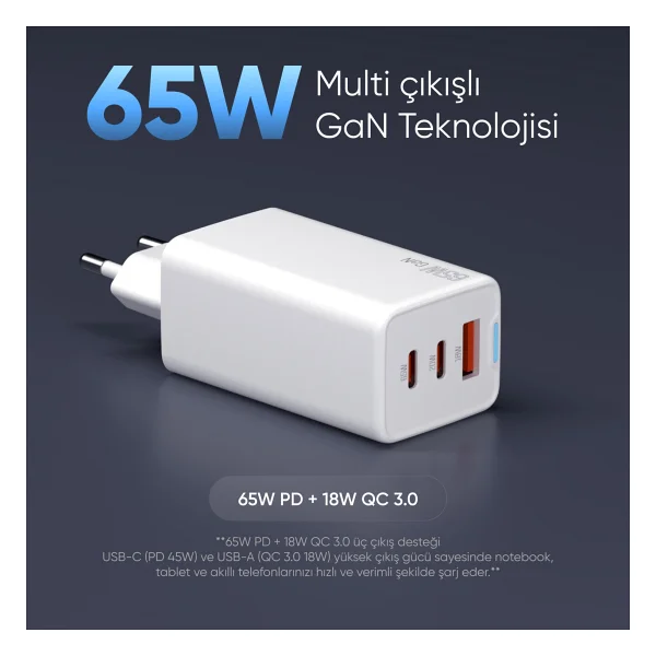 S-link SL-ECG65 65 W Hızlı Şarj Adaptörü - Görsel 3