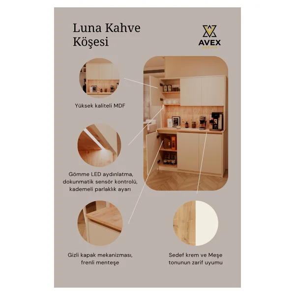 Avex Home Luna Kahve Köşesi - 135 cm Çok Amaçlı Dolap - Gömme LED Aydınlatmalı - Mdf - Krem, Meşe - Krem - Meşe - Görsel 5