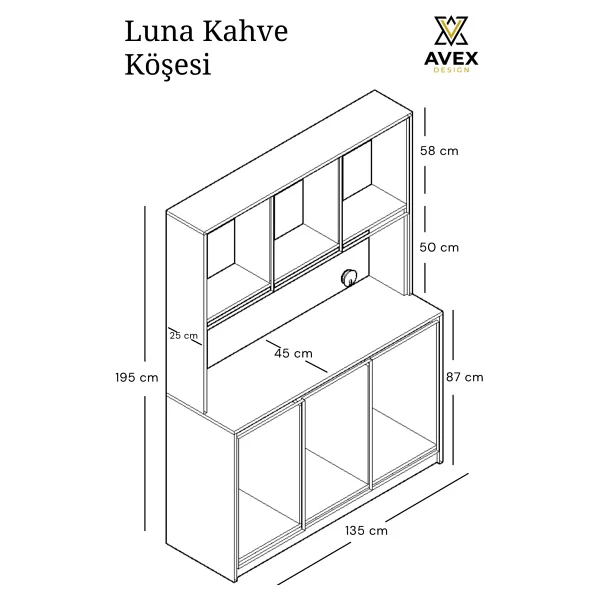 Avex Home Luna Kahve Köşesi - 135 cm Çok Amaçlı Dolap - Gömme LED Aydınlatmalı - Mdf - Krem, Meşe - Krem - Meşe - Görsel 7
