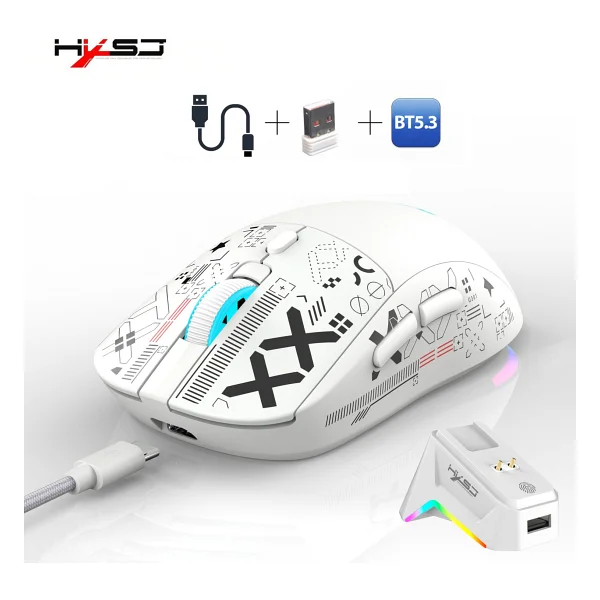 Hxsj T90 Pro Beyaz Şarjlı Optik Kablolu/Kablosuz Oyuncu Mouse - Görsel 10