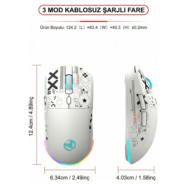 Hxsj T90 Pro Beyaz Şarjlı Optik Kablolu/Kablosuz Oyuncu Mouse - Görsel 6