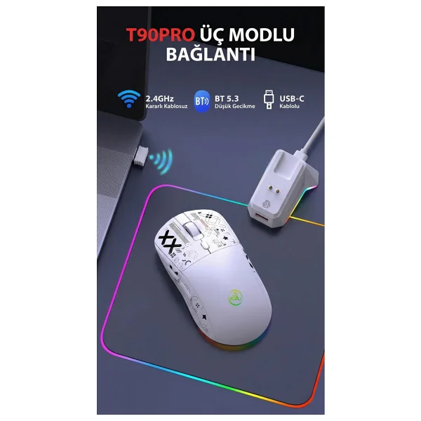 Hxsj T90 Pro Beyaz Şarjlı Optik Kablolu/Kablosuz Oyuncu Mouse - Görsel 8