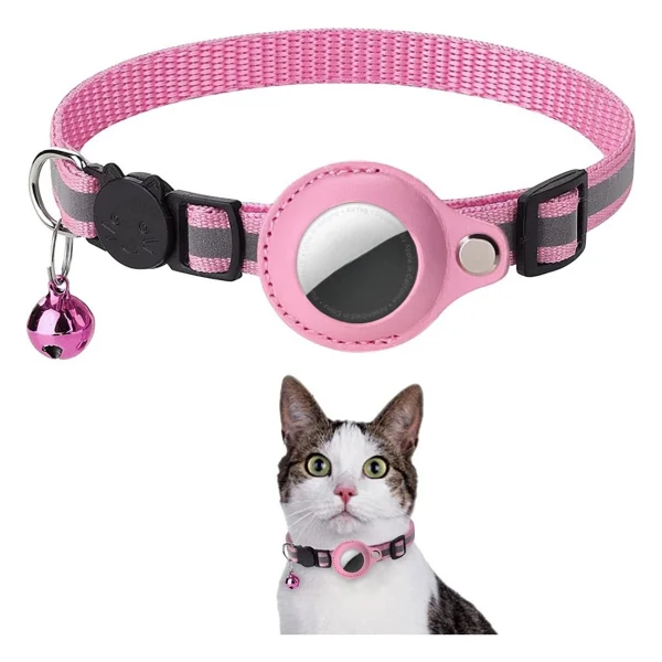 EtaShop AirTag Uyumlu Reflektif Kedi Tasması Zilli Ayarlanabilir Kedi Boyun Tasması 22-32 cm Pembe - Görsel 6