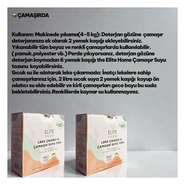The Elite Home Doğal Oksijen Bazlı Leke Çıkarıcı Toz - Vegan Sertifikalı - Beyazlar ve Renkliler İçin - 2000 g ( 1 kg x 2 adet ) - Görsel 4
