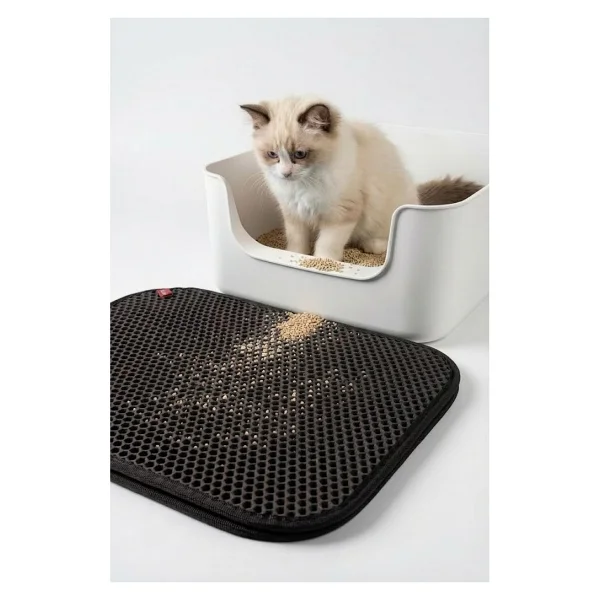 Pugalo CleanPaw Premium Kedi Tuvalet Önü Paspası, Çift Katmanlı Kedi Kumu Toplayıcı, Geniş Delikli, Kolay Temizlenir (Siyah, 50 x 50) - Görsel 4