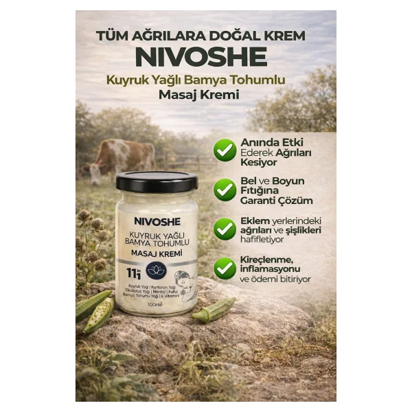 Nivoshe Kuyruk Yağlı Bamya Tohumlu Rahatlatıcı Bel, Boyun, Kol, Sırt, Diz, İçin Ağrı ve Akıllı Masaj Kremi - Beyaz - Sarı - Görsel 5