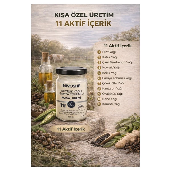 Nivoshe Kuyruk Yağlı Bamya Tohumlu Rahatlatıcı Bel, Boyun, Kol, Sırt, Diz, İçin Ağrı ve Akıllı Masaj Kremi - Beyaz - Sarı - Görsel 6