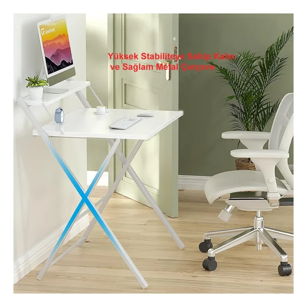 Ayz Bodo Metal Ayaklı Laptop Masası Katlanır Çalışma Masası Raflı Masa Katlanır Laptop Sehpası Beyaz - Beyaz - 70x52 - Görsel 6