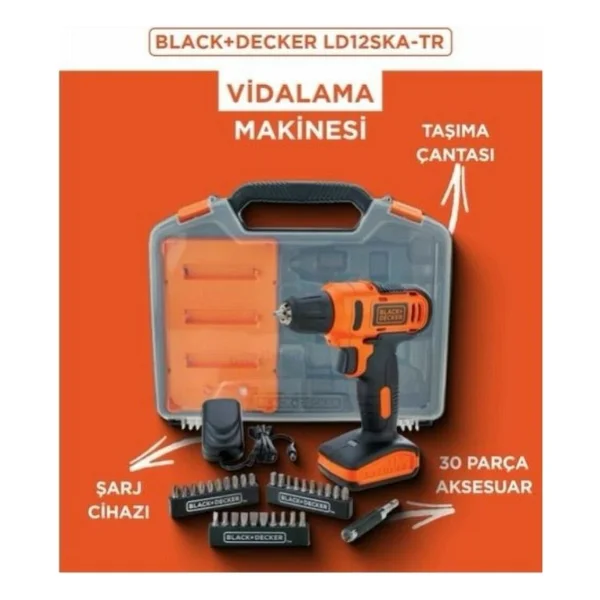 Black+Decker LD12SKA 12 V 1.5 Ah Akülü Vidalama Makinesi + 30 Parça Aksesuar Seti - Görsel 2