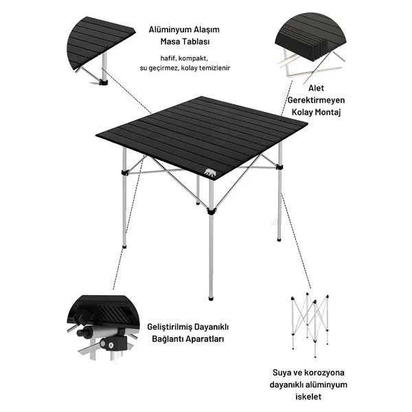 Kamp Ayısı XL 72x70 cm Siyah Alüminyum Katlanır Kamp Masası - Görsel 10