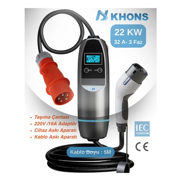 Khons 22 kW 5 m Taşınabilir Elektrikli Araç Şarj İstasyonu - Görsel 9