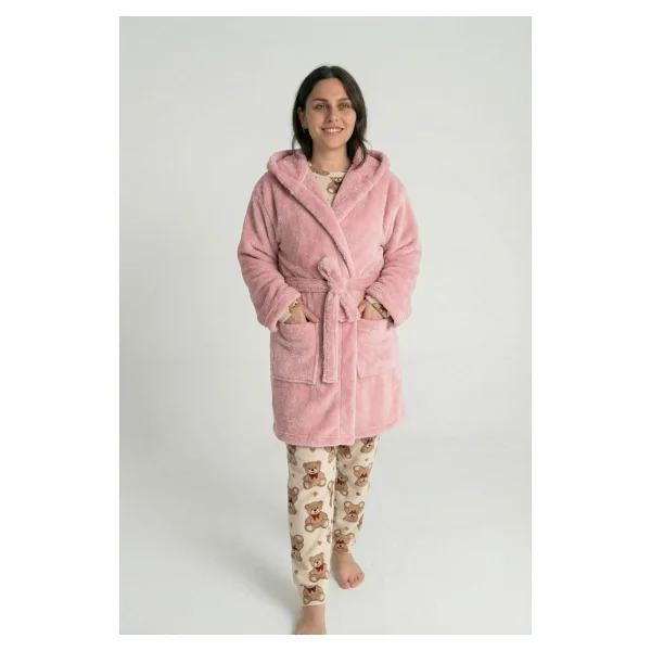 Sevim Kapüşonlu Wellsoft Sabahlık & Peluş Bornoz - Yumuşak, Polar Unisex Sabahlık-Bej - XL - 2XL - Görsel 6