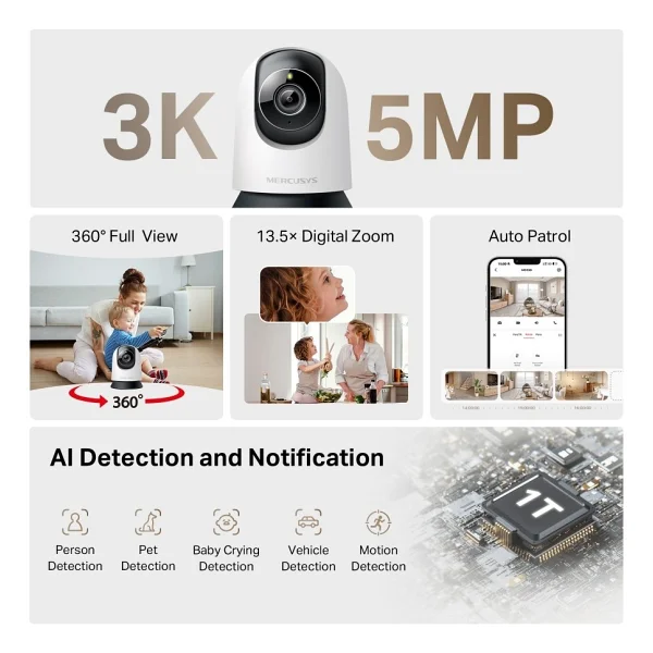 Mercusys MC230 3K 5 MP 360 Derece Bebek Gece Görüşlü IP Wi-Fi Güvenlik Kamerası - Görsel 9