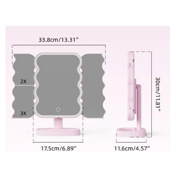 Valkyrie XR-750 LED Işıklı Katlanabilir Makyaj Aynası - 2x 3x Büyütme Modu - Dokunmatik Touch Ekran - Pilli - Pembe - Görsel 3