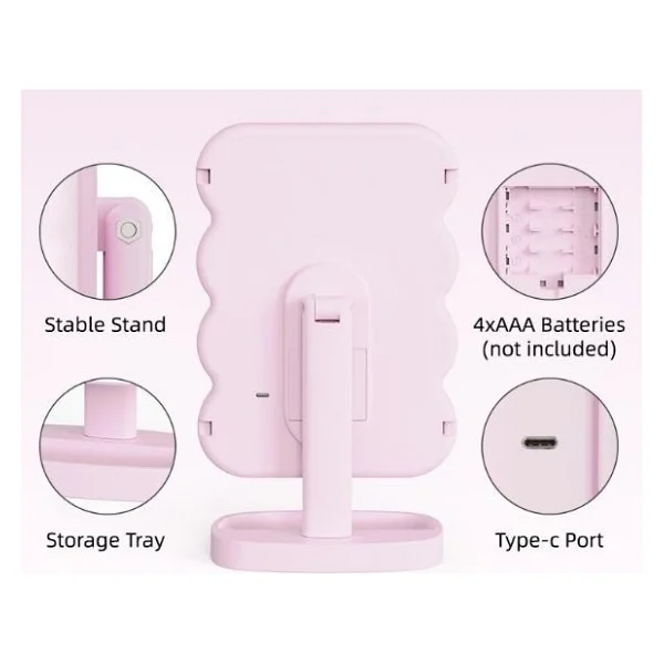 Valkyrie XR-750 LED Işıklı Katlanabilir Makyaj Aynası - 2x 3x Büyütme Modu - Dokunmatik Touch Ekran - Pilli - Pembe - Görsel 5