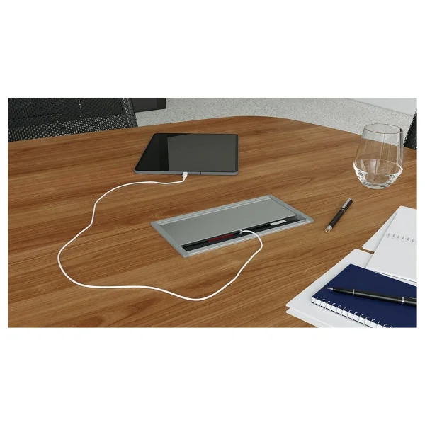 Metalline Fix-Line Fırçalı Kapaklı Masaüstü Priz Kutusu USB - Natürel Eloksal - Görsel 3