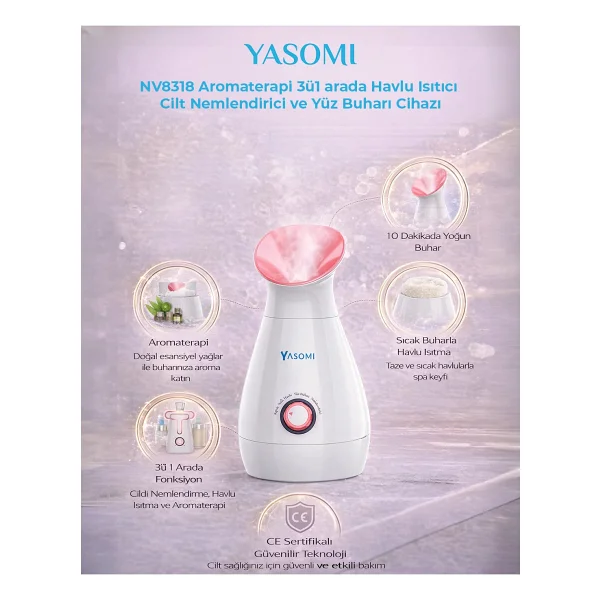 Yasomi NV8318 Aromaterapi 3ü1 Arada Havlu Isıtıcı Cilt Nemlendirici ve Yüz Buharı Cihazı - Pembe - Görsel 10