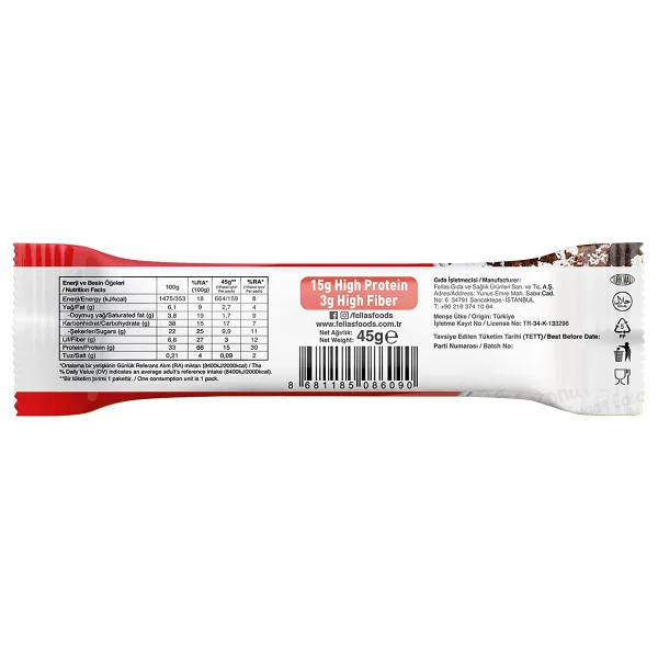 Fellas Yüksek Protein Bar - Hindistan Cevizli Ve Kakaolu (45 G) X 12 Adet - Görsel 7
