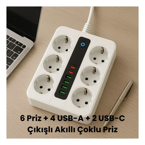 Smayling 6 Prizli Akıllı Uzatma Kablosu - 4 Usb-A + 2 Type-C Hızlı Şarj Çıkışlı Akım Korumalı , 2 Metre Kablo - Görsel 8